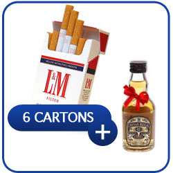 6 Cartons of L&M Red Cigarettes Swiss Made + Miniature Chivas Regal 12 Y.O. Whiskey 50 ml. 